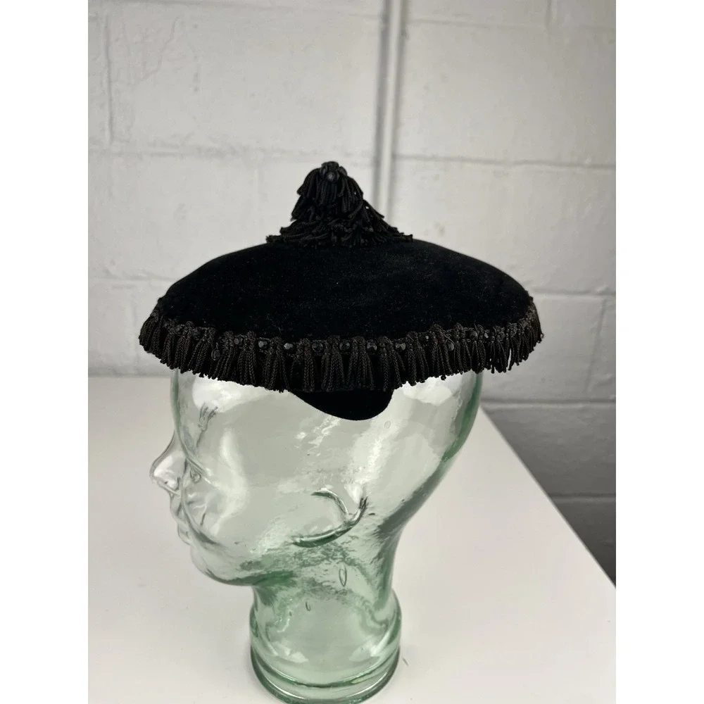 Black Velvet Cocktail Hat Headband Tassel Fringe Flechet France Vintage Evening